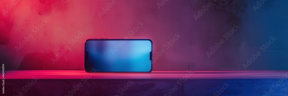 Fototapete a smartphone with a glowing screen displaying video content on a table. the colorful neon lights in 