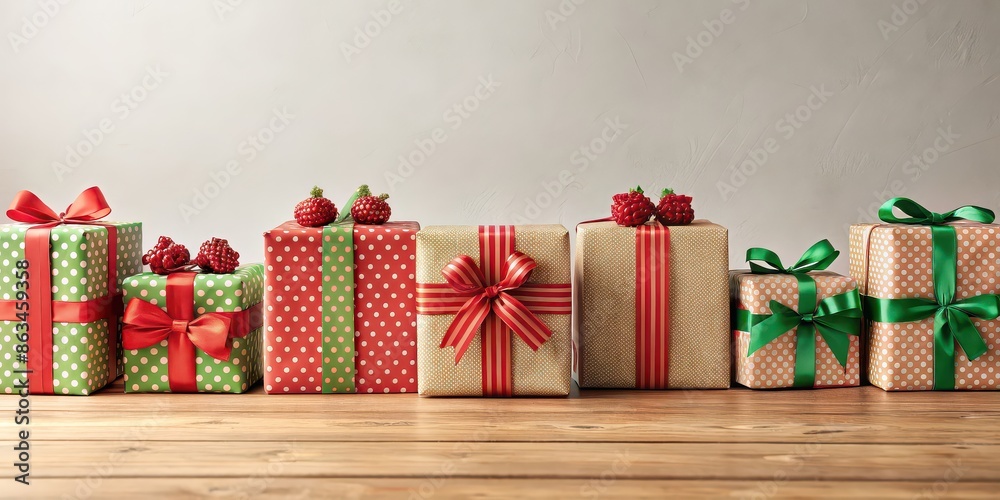 Wall mural Christmas gift boxes lined up on a table with festive wrapping and bows, festive, holidays, presents, decorations