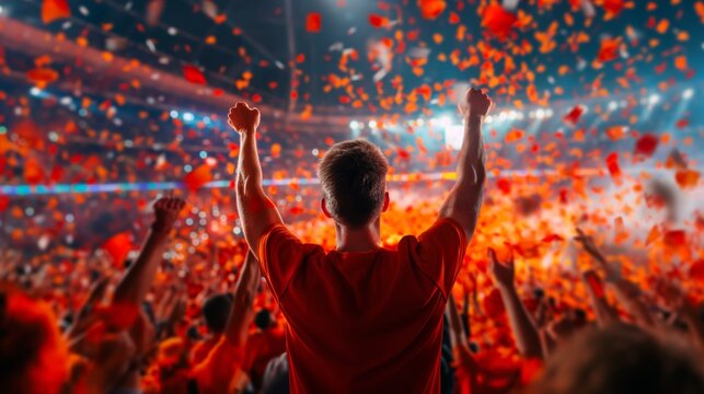 Fan celebrates victory in packed stadium with confetti shower.