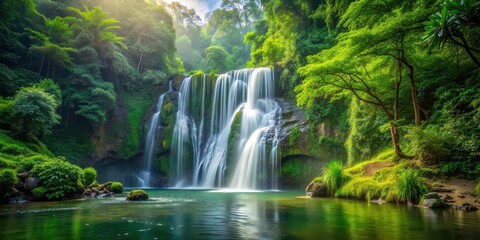 Obraz premium Majestic waterfall flowing through lush green forest setting, waterfall, forest, nature, serene, tranquil, picturesque