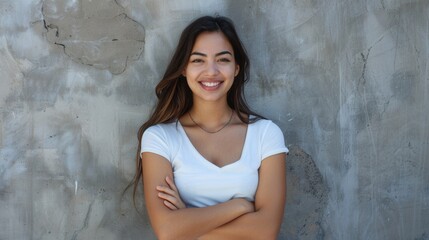 A portrait of a young Hispanic woman with a pleasant smile and crossed arms. She is standing against a grey wall with copy space. Generative AI