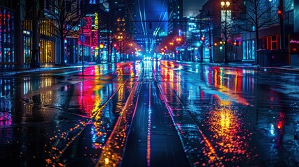 Obraz premium A city street with a lot of traffic and rain. The street is wet and the lights from the cars are reflecting on the water