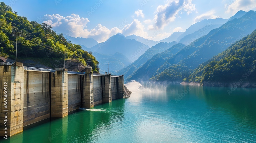 Aufkleber a hydroelectric dam in a mountainous region generates clean energy with the flow of water, creating 