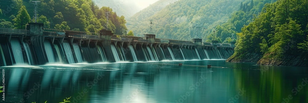 Aufkleber a scenic hydroelectric dam nestled in a lush green valley, with water flowing over its spillway and 