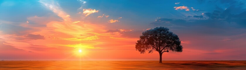 Fototapeta premium A lone tree stands in a vast savanna