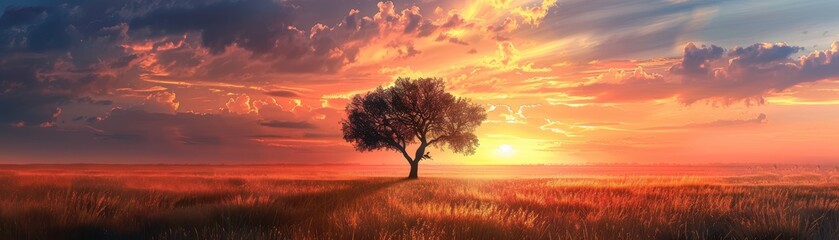 A lone tree stands in a vast savanna
