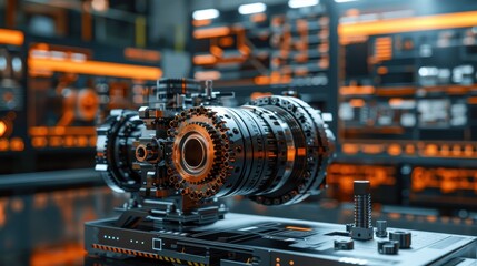 Obraz premium A machine part is shown in a factory setting with a futuristic design. The machine is made of metal and has a shiny, metallic appearance. Concept of innovation and technological advancement