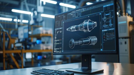 A computer monitor displays a design of a machine. The design is detailed and complex, with many different parts and components. Scene is focused and professional