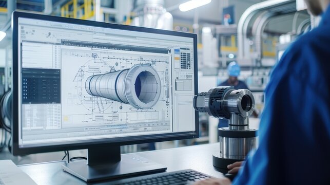 A computer monitor displays a design of a machine. The design is detailed and complex, with many different parts and components. Scene is focused and professional