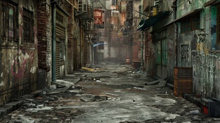 Fototapeta premium Graffiti-tagged abandoned building exterior. Overflowing trash can on the pavement. Dilapidated city scene