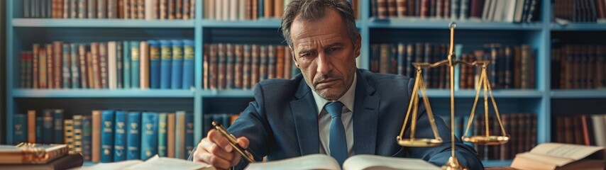A Lawyer Reading Law Books in a Library With Scales of Justice
