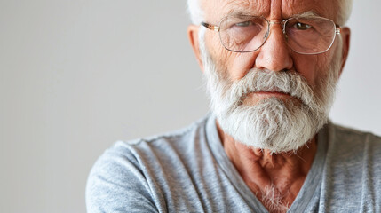 Fototapeta premium An older man with a beard and glasses is looking away from the camera. He is wearing a gray shirt and he is in a bad mood