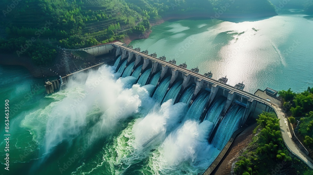 Aufkleber A hydroelectric dam generates clean energy, with water cascading over the structure and creating a mist in the air. Generative AI
