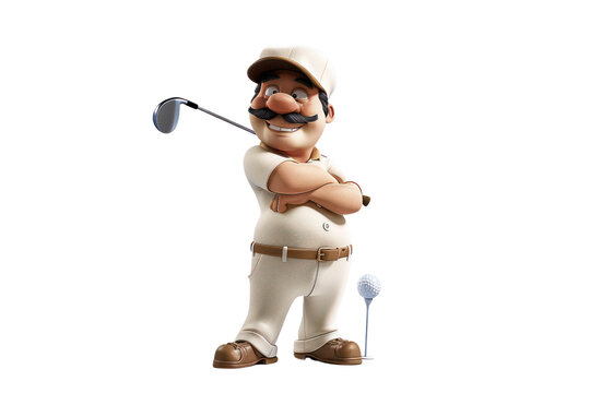 Cheerful cartoon golfer character in white outfit holding golf club, isolated on transparent background, perfect for sports graphics.