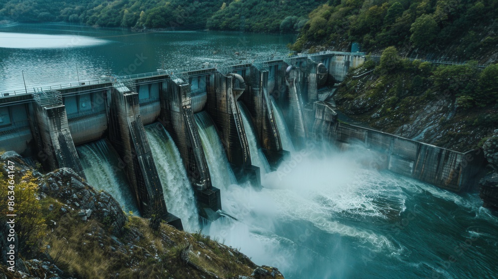 Poster a serene view of a hydroelectric dam generating power in a green landscape. generative ai