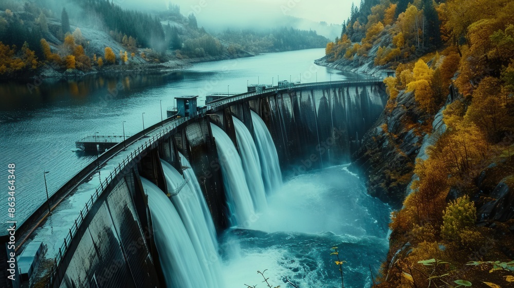 Poster a hydroelectric dam with water flowing through its gates, generating power in a serene landscape. ge