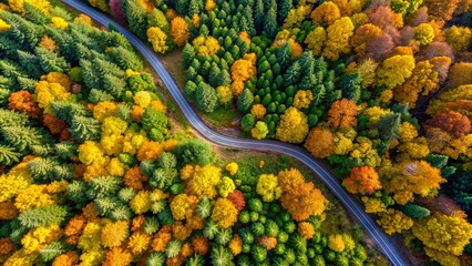 Vibrant yellow autumn foliage and lush green summer forest separated by a serpentine road, captured in an aerial view from a drone, showcasing nature's contrasting seasons.