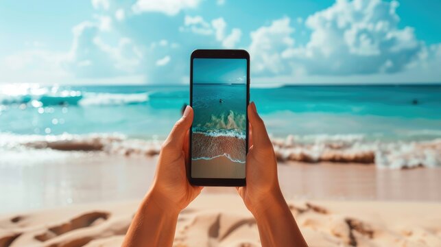 Phone app template Woman s hands holding phone at the beach Top notch image