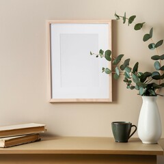 Empty wooden picture frame mockup hanging wall background. Boho vase, Flowers. Coffee cup, old books