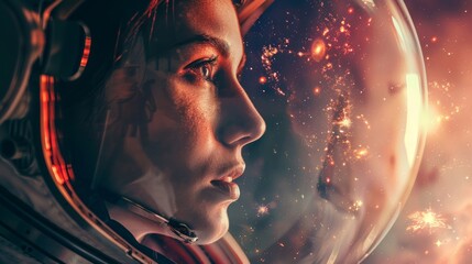 Naklejka premium Close-up of caucasian female astronaut gazing at the universe with a fascinated expression. Space and galaxy concept. 