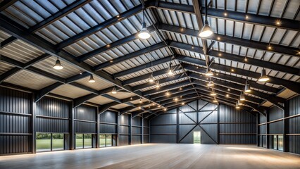 INTERIOR PERSPECTIVE OF A SHED WITH BLACK METALLIC ROOF BLACK LOW LIGHTING