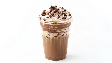 Clear plastic cup filled with Iced White Chocolate Mocha and a lid, isolated white background, studio light for focused advertising