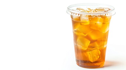 Clear plastic cup filled with Iced Oolong Tea and a lid, isolated white background, studio light for focused advertising