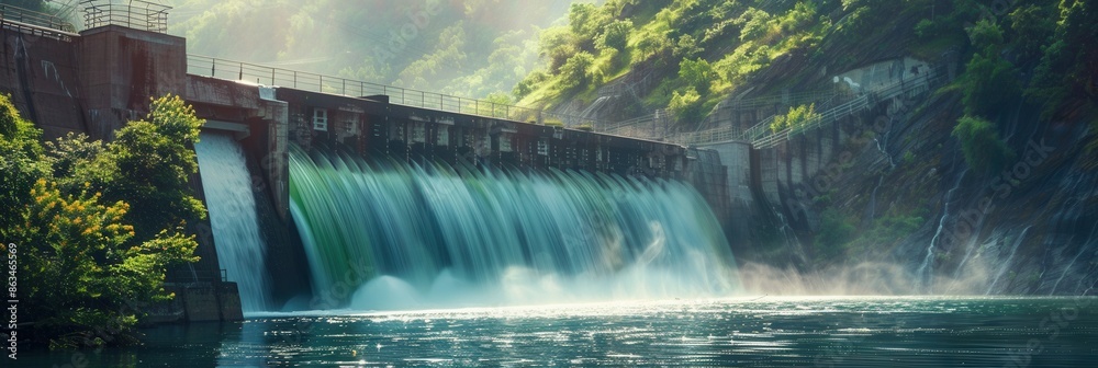 Poster a hydroelectric dam generates clean energy in a serene natural setting, with water cascading over th