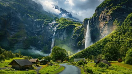 A captivating mountainous vista with lush greenery, a majestic waterfall, and a winding road...