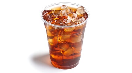 Clear plastic cup filled with Iced English Breakfast Tea and a lid, isolated white background, studio light for focused advertising