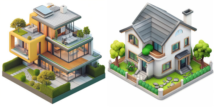 set of cute house residence building. isometric. 3D cartoon animation style