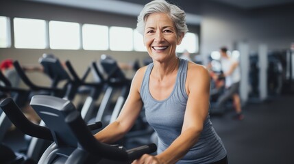 Fototapeta premium Mature woman using a stationary bike in a well-equipped fitness center, 