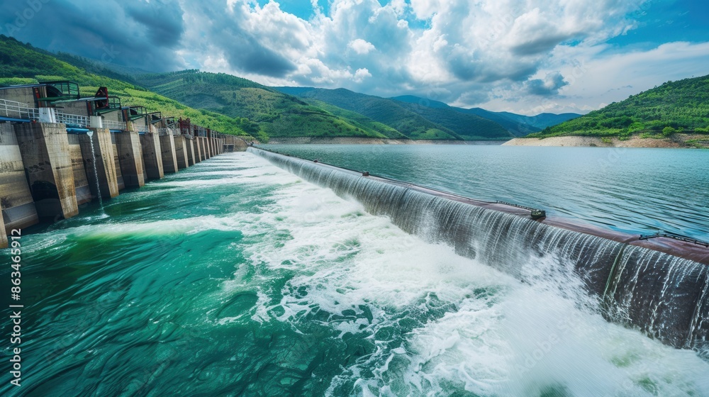 Poster a hydroelectric dam in a picturesque setting, harnessing the power of flowing water to generate clea