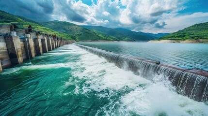 A hydroelectric dam in a picturesque setting, harnessing the power of flowing water to generate clean energy. Generative AI