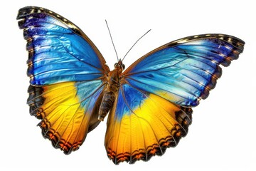 butterfly in flight beautiful blue yellow and orange wings isolated on white photograph