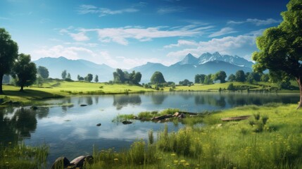 Obraz premium rural lake surrounded by lush green fields and trees, 
