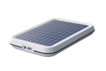 Compact solar power bank with USB port for charging electronic devices, featuring sleek design and efficient solar panel technology.