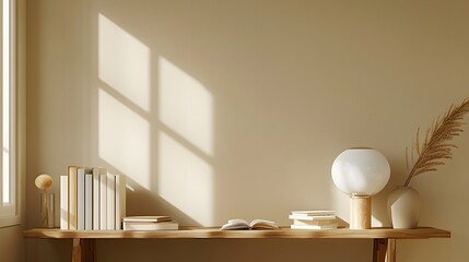 A minimalist desk with books and an LED lamp on it, set against a beige wall. Web banner with empty space to the right.
