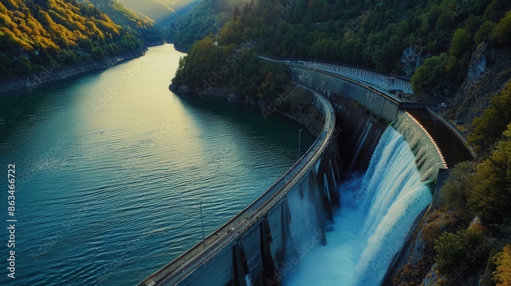Poster aerial view of a hydroelectric dam in a mountainous region, water flowing over the dam to generate p