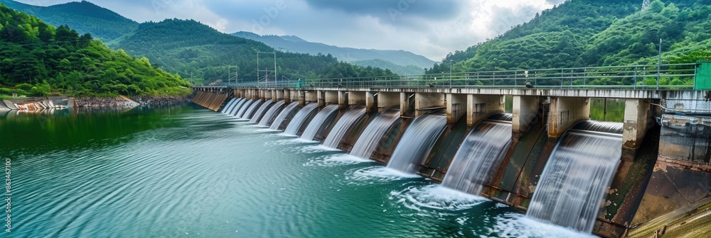 Poster a hydroelectric dam generates clean energy in a serene landscape. water flows over the dam, creating