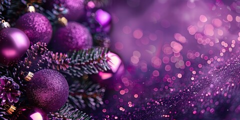 Purple Christmas Ornaments On Pine Branch With Bokeh Background