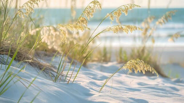 3. Close-up of the soft sandy dunes of Myrtle Beach, highlighting their texture and natural beauty, with sea oats swaying in the breeze and the ocean stretching to the horizon.