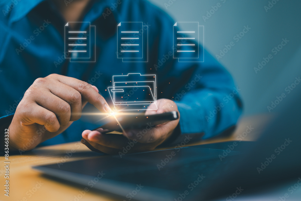 Aufkleber Document Management System (DMS), online documentation database and process automation to efficiently manage files, knowledge and documentation in enterprise with ERP. Corporate business technology.