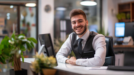 Obraz premium portrait of a smiling receptionist looking at camera, happy receptionist at desk 