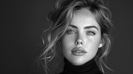 Black and white fashion art studio portrait of beautiful elegant woman in black turtleneck. Hair is collected in high beam. Elegant ballet style