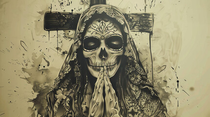 Santa Muerte praying with folded hand tattoo idea