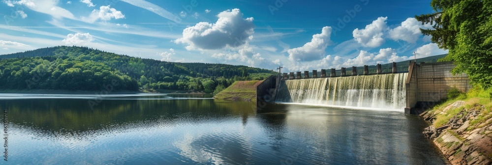Poster a hydroelectric dam generates clean energy in a peaceful setting, surrounded by lush greenery and a 