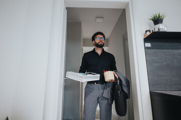 Confident male professional carrying a coffee cup and work documents, walking in a modern office space, dressed in business attire.