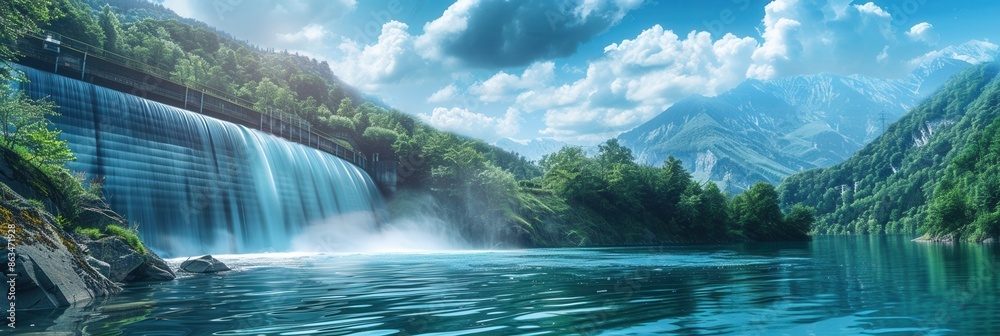 Poster a hydroelectric dam in a serene mountain landscape generates power with a waterfall cascading into a