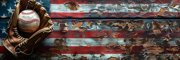 Vintage baseball glove and ball on rustic American flag background, symbolizing America's favorite pastime sport